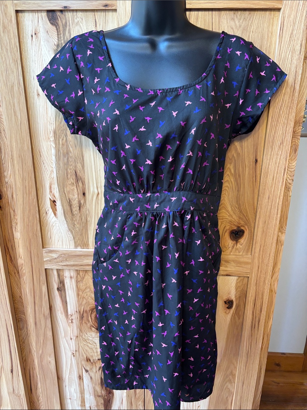 Angie Black Mini Dress with Pink and Purple Bird Print